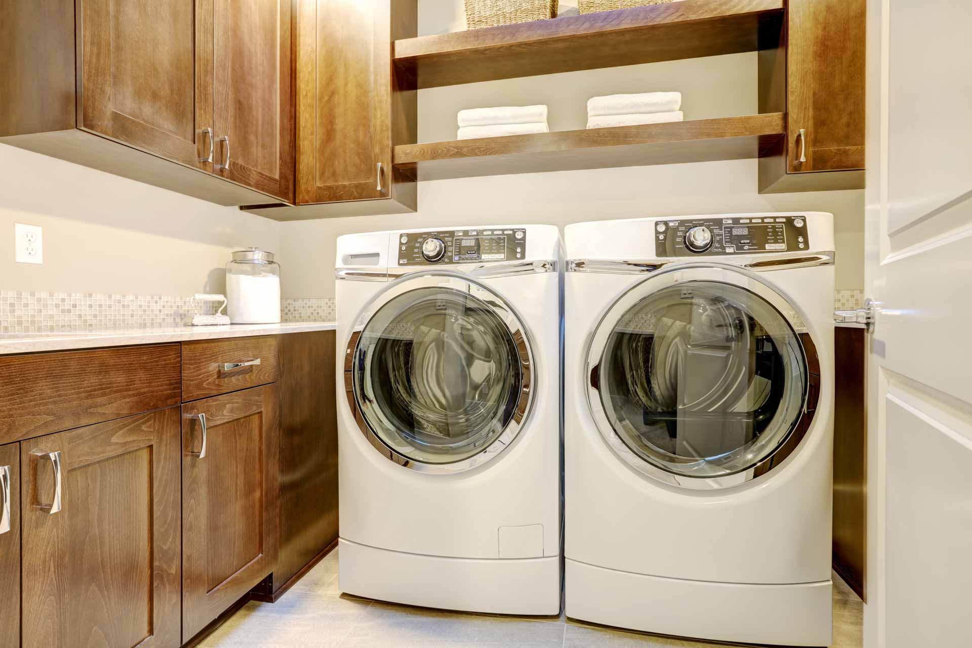 Washer/dryer set in a laundry room